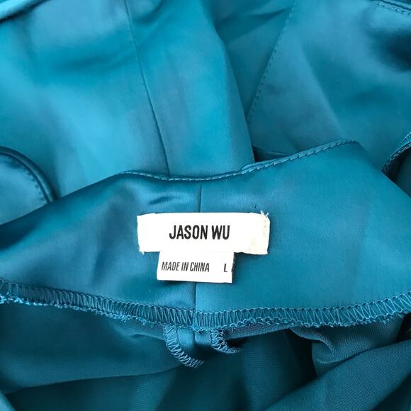 Jason Wu Midi Slip Dress Large‎ Blue Satin Ruched Strappy Silky Criss Cross Back - Picture 8 of 12